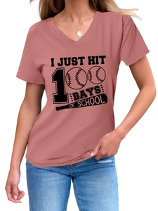 Detail of V-neck short sleeve tee in mauve cotton featuring a baseball school print