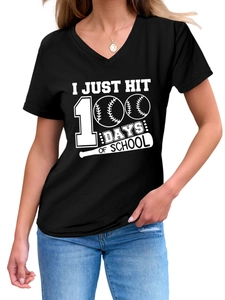 Detail of V-neck T-shirt showing I Just Hit 100 Days of School baseball print graphic