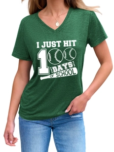 Detail of dark green V-neck T-shirt featuring school baseball themed graphic print