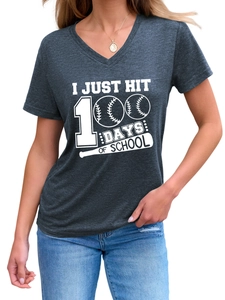 Detail of V-neck grey t-shirt featuring I Just Hit 100 Days of School baseball print