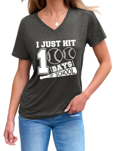Detail of grey V-neck T-shirt with 'I JUST HIT 100 DAYS OF SCHOOL' baseball graphic print