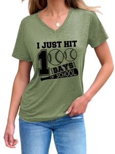 Detail of V-neck collar and 100 Days of School graphic on heather green t-shirt