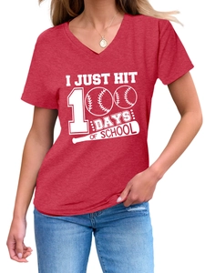 Detail of red V-neck T-shirt with white 100 Days of School baseball graphic print