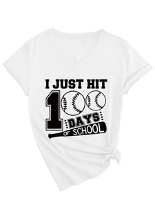 Detail of white V-neck T-shirt showing I Just Hit 100 Days of School baseball print