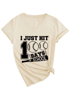 Detail of V-neck cream t-shirt with I Just Hit 100 Days of School baseball graphic