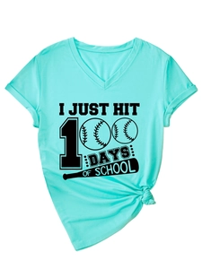 Detail of V-neck mint green T-shirt featuring 100 days of school baseball typography