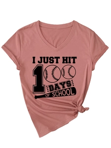 Detail of rose pink V-neck T-shirt with 100 Days of School baseball graphic and tie-knot hem