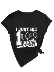 Detail of V-neck cotton T-shirt featuring '100 Days of School' baseball print
