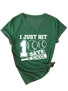 Detail of V-neck T-shirt showing knit texture and school baseball themed print
