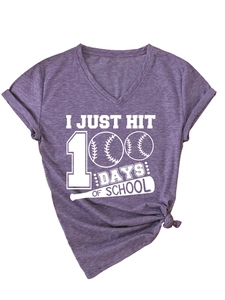 Detail of purple V-neck T-shirt with I Just Hit 100 Days of School baseball graphic