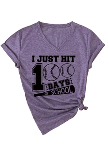 Detail of purple V-neck T-shirt with I JUST HIT 100 DAYS OF SCHOOL baseball graphic