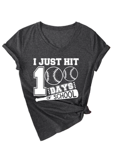 Detail of grey V-neck T-shirt with '100 Days of School' baseball graphic and side knot