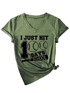 Detail of army green V-neck T-shirt with '100 Days of School' text and baseball graphic