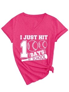 Close-up of rose pink V-neck T-shirt with 100 Days of School print and stylish hem knot