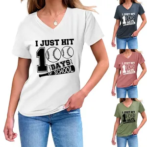 Women V-Neck T-Shirt Short Sleeve Baseball Graphic Print School Celebration Tee Cotton Blend Casual Summer Loose Fit Top