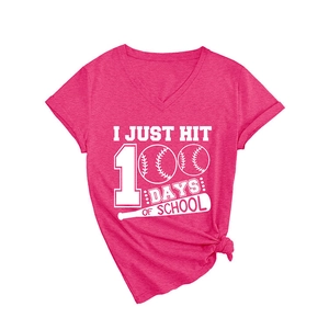 Pink V-neck short sleeve T-shirt with I Just Hit 100 Days of School baseball graphic