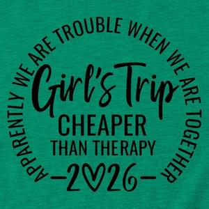 Detail of teal cotton t-shirt featuring black Girls Trip circular printed slogan design