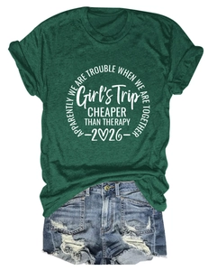 Forest green cotton t-shirt with Girls Trip print paired with distressed denim shorts
