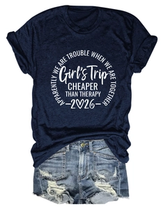 Navy blue Girls Trip cotton t-shirt paired with distressed denim shorts on white background