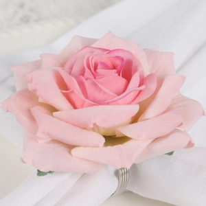 Pink artificial rose napkin ring with silver spiral metal holder for wedding table decor