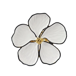 Elegant five-petal flower napkin ring with white enamel, black edges and gold finish