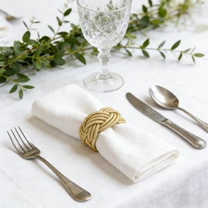 Handmade gold braided rope napkin ring on a white linen napkin with elegant table setting