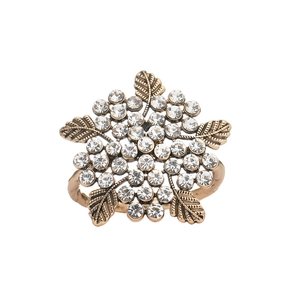Vintage gold leaf napkin ring with sparkling crystal flower for holiday table settings