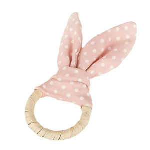 Pink polka dot rabbit ear teething ring toy with natural fiber woven handle for babies