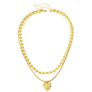Vintage double layer gold necklace set with sequin sunburst discs and heart pendant
