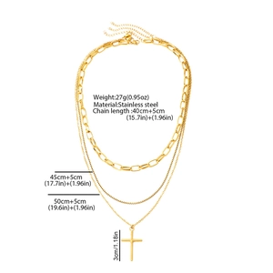 Detail view of triple-layered stainless steel necklace with cross pendant and measurements