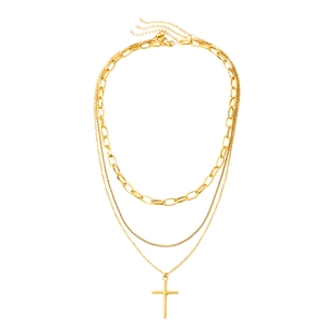 Three-layer gold cross pendant necklace featuring chunky and thin box chains for women