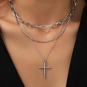 Stainless Steel Multi Layer Necklace With Cross Pendant Minimalist Box Chain Religious Jewelry For Women