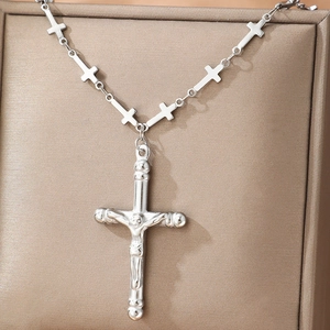 Collana retrò Ankh e crocifisso in acciaio inossidabile argento su supporto per gioielli
