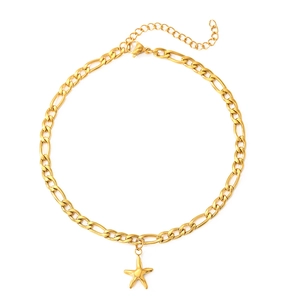Punk style gold stainless steel star pendant anklet with Figaro chain and lobster clasp