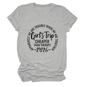 Detail view of light grey crew neck t-shirt with Girls Trip 2026 graphic print