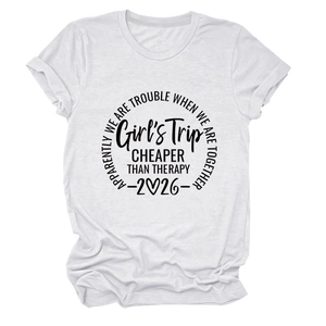 Detailed view of white cotton t-shirt featuring black Girls Trip 2026 graphic print