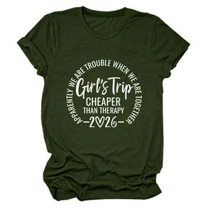 Detail of soft olive green cotton T-shirt featuring Girl's Trip white graphic print