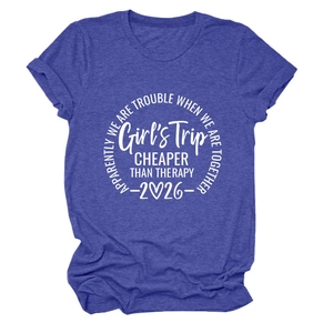 Detail of blue heather T-shirt with white Girls Trip graphic and crew neck texture