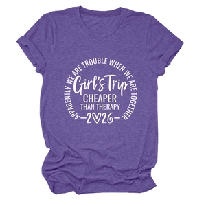 Detail of purple casual crew neck t-shirt featuring white Girls Trip script printing