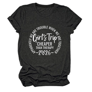 Dark gray cotton Girl's Trip graphic t-shirt with white circular typography print