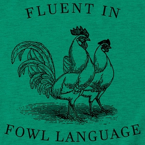 Detail of Fluent in Fowl Language print on a green cotton oversized t-shirt