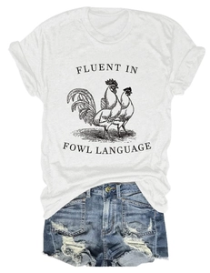 Detail of white cotton T-shirt with rooster graphic and distressed denim shorts set