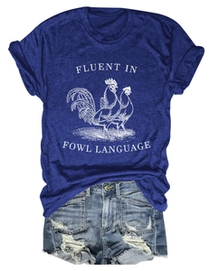 Navy blue t-shirt featuring a white rooster print and Fluent in Fowl Language slogan