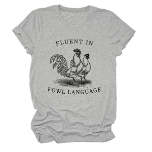 Close-up of grey heather t-shirt with Fluent in Fowl Language vintage rooster print