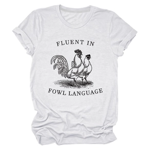 Detail of white cotton T-shirt featuring vintage rooster print and humorous text slogan