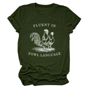 Detail of Fluent in Fowl Language print on dark green cotton crewneck t-shirt