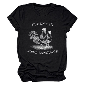Close-up of black cotton T-shirt featuring white hand-drawn fowl illustration and text