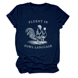 Detail of navy blue cotton t-shirt with Fluent in Fowl Language print and chicken graphic