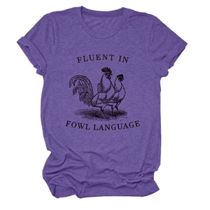 Close-up of purple heather t-shirt featuring rooster graphic and funny fowl language print