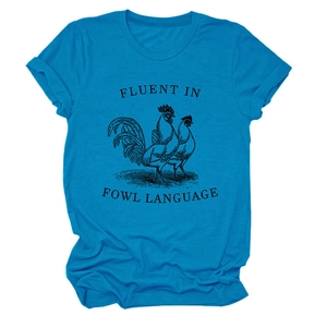 Close-up of bright blue cotton t-shirt with vintage rooster print and funny typography